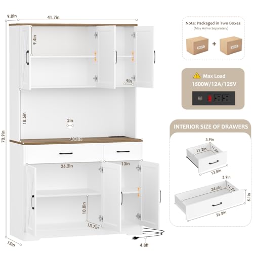 HOSTACK 71" Pantry Cabinet with Charging Station, Tall Kitchen Pantry Storage Cabinet with Microwave Stand, Farmhouse Kitchen Hutch with Storage Drawers for Living Room, Dining Room, White - color: White/Rustic Brown