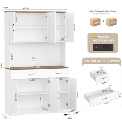 HOSTACK 71" Pantry Cabinet with Charging Station, Tall Kitchen Pantry Storage Cabinet with Microwave Stand, Farmhouse Kitchen Hutch with Storage Drawers for Living Room, Dining Room, White - color: White/Rustic Brown