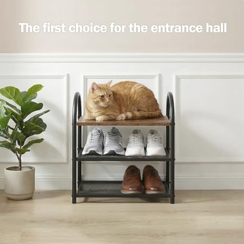 Small Shoe Rack Organizer for Entryway, Narrow Shoe Shelf Wood | 3-Tier, Rustic Wooden Top, Arched Metal Frame, Sturdy Mesh Shelves, for Front Door Closet Garage, 17.32" x 10.24" x 17.13" - size: 17.32" X 10.24" X 17.13"