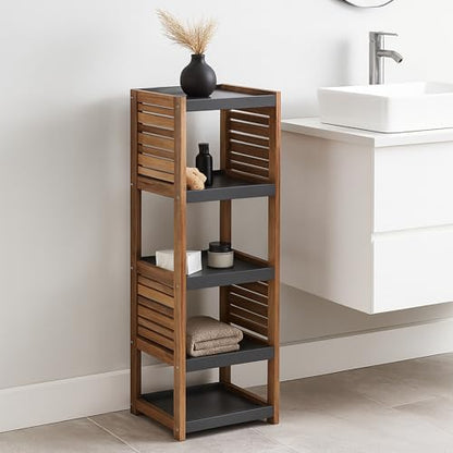 Brown-Gray Small Open-Shelf Storage Unit, 4-Tier, Vented, Freestanding | Space-Saving, Vented Design, MDF/Acacia Material, Compact Freestanding Unit, 4-Tier Open Shelves, Bathroom