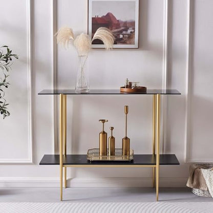 LumFurn Glass Console Table for Living Room, Foyer & Entrance, 2-Tiers Mid-Century Modern Sofa Table with Grey Glass Top, Black Marble Finish Wood Shelf and Gold Finish Frame - color: Grey & Black Marble, size: L41" Sofa Table