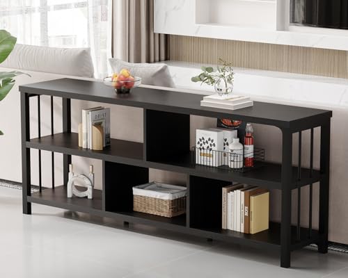 IBF 63” Black Horizontal Bookshelf, Industrial Long Low Bookcase, Black Oak | 3 Tier Open Book Shelf, Wide 5 Cube Storage Organizer, Wood Metal Cubby Shelf for Bedroom Living Room Home Office - color: Black Oak, size: 63 inch