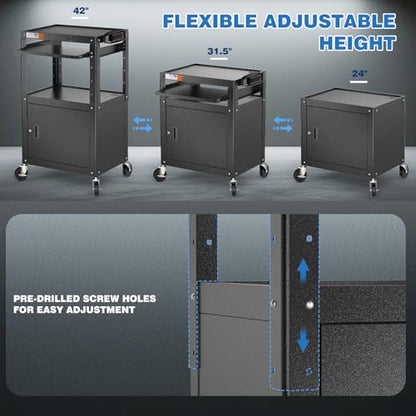 POCHAR Steel Large AV Cart with Locking Cabinet - Adjustable Height Media Carts with Wheels, Pullout Tray, Power Strip for Mobile Work Station - Rolling Computer Cart for Office Classroom Presentation - style: Locking Cabinet with Keyboard Tray (AV-G)