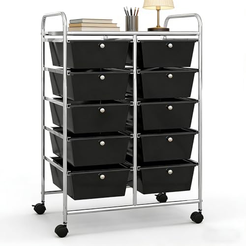 COSTWAY 10 Drawer Rolling Storage Cart, Utility Cart with Lockable Wheels | Mobile Art Supply Craft Organizer with Metal Frame, Multipurpose Drawer Cart for Paper for Office, School, Black - color: Black, size: 10 Drawer