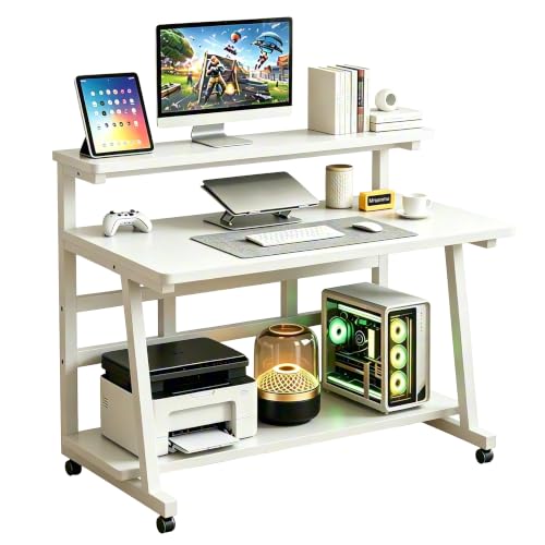 Rolling Computer Desk, 31.5 Inch Small Desks For Small Space, Portable Small Computer Desk with Monitor Stand & 3-Tier Storage, Portable Desk on Wheels for Writing, Home Office, Small Desk for Bedroom - color: Frame：white/Board：white, size: 31.5“*19.7”