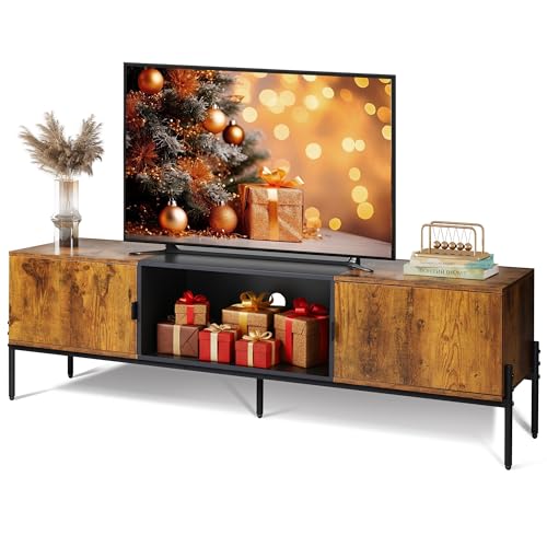 WLIVE 58" TV Stand for 65 Inch TVs, Mid Century Modern Entertainment Center with 2 Storage Cabinets & Open Shelf, Media Console Table with Metal Legs for Living Room, Bedroom, Rustic Brown - color: Rustic Brown