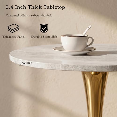 27.6" Marble Round Tulip Table, Mid-Century Modern Style Dining Table with Gold Pedestal Base for 2-4 People, Featuring A Marble Tabletop for Kitchen, Dining Room, Cafe (Grayish White) - color: Grayish White#gold