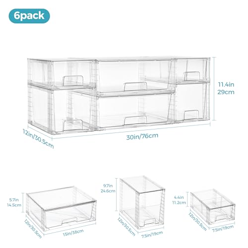 Vtopmart 6 Pack Clear Stackable Storage Drawers,Easy to Assemble Pantry Organizers and Storage with handles,Plastic Drawers for Kitchen Pantry,Cabinet,Under Sink Organization - style: 2 Wide+2 Medium+2 Small