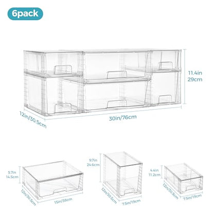 Vtopmart 6 Pack Clear Stackable Storage Drawers,Easy to Assemble Pantry Organizers and Storage with handles,Plastic Drawers for Kitchen Pantry,Cabinet,Under Sink Organization - style: 2 Wide+2 Medium+2 Small