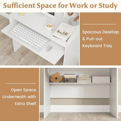 Tangkula Computer Desk with Hutch, Space Saving Laptop Desk with Magnetic Whiteboard, Keyboard Tray, Storage Shelves, Cable Holes, Home Office Desk with Bookshelf, Modern Writing Table (White)