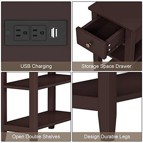 ChooChoo Narrow End Table with Charging Station, Side Table Living Room with USB Ports & Power Outlets and Hidden Drawer, 3-Tier Skinny Nightstand with 2 Open Storage Shelves For Small Place(Espresso) - color: Espresso