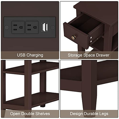 ChooChoo Narrow End Table with Charging Station, Side Table Living Room with USB Ports & Power Outlets and Hidden Drawer, 3-Tier Skinny Nightstand with 2 Open Storage Shelves For Small Place(Espresso) - color: Espresso