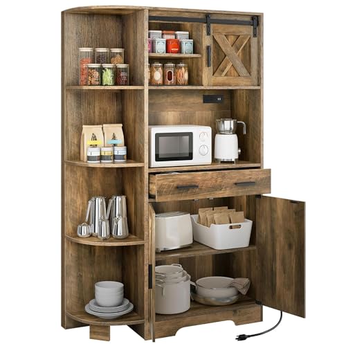 DWVO 67.3" Farmhouse Pantry with Power Outlet & Barn Door, Rustic Brown | Baker Rack Hutch Buffet Sideboard with Drawer, Microwave Stand for Dining Room - color: Rustic Brown