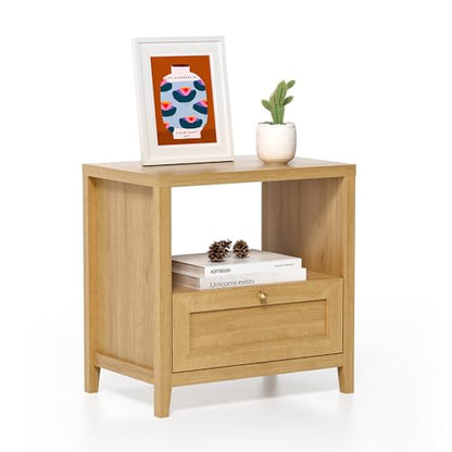EYYTHUNG Farmhouse Nightstand with Drawer Modern 24" Wide End Table Night Stands Large Wooden Bedside Table with Open Shelf Mid Century Night Stands for Sofa, Natural Oak - color: Natural Oak, size: 1 PC