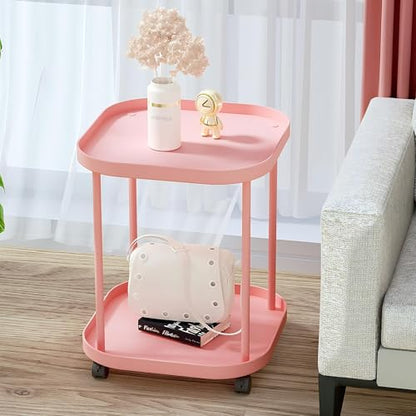 Side Table with Wheels, End Table Living Room Plastic Mobile Sofa Side Table Small Night Stand Bedroom Pink (2 Pack) - color: Pink, size: 2 Pack