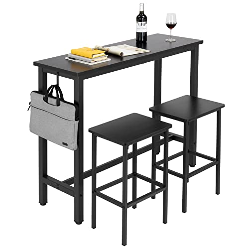 Finnhomy 47" Bar Set - Pub High Top Table With Stools, Rectangular Bar Height Kitchen Set for 2, Industrial Breakfast for Kitchen, Living Room, Rustic Black - color: Rustic Black, size: 47" Bar Table