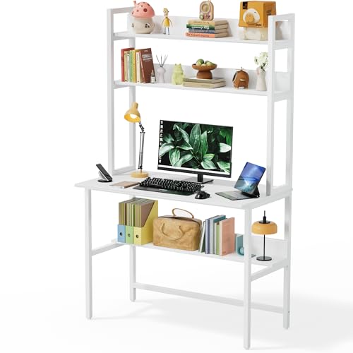 Aquzee Computer Desk with Hutch, 40“W x 19.6" D Desk with Shelves, Tall Home Office Desk with Bookshelf, Metal Legs Study Table with Upper Storage Shelf for Study Writing/Workstation, White - color: White, size: 40inch