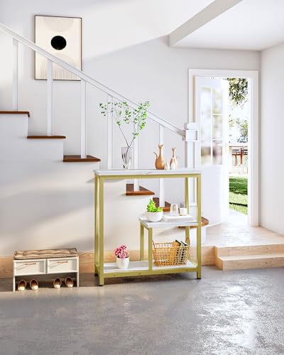 CHOEZON Modern Console Sofa Table 3-Tier Hallway Table Open Storage, Marble Veined Table Top, Metal Frame, for Entryway, Foyer, Marble White and Gold TXG03DJ