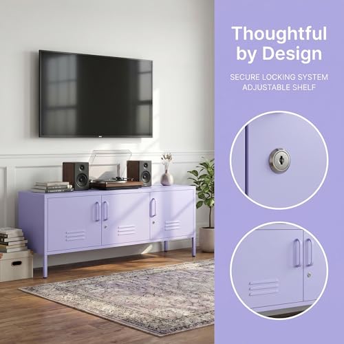 3 Door Lockable Metal TV Stand Storage Cabinet with Accent Cabinet Locker, Wide Heavy Duty Media Console for Large 100+ Inch TVs, Home Office Entertainment Center, Purple 22"H X 47.3"W X 13.8"D - color: Lilac, style: TV stand-22"H-LM