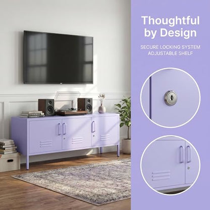 3 Door Lockable Metal TV Stand Storage Cabinet with Accent Cabinet Locker, Wide Heavy Duty Media Console for Large 100+ Inch TVs, Home Office Entertainment Center, Purple 22"H X 47.3"W X 13.8"D - color: Lilac, style: TV stand-22"H-LM