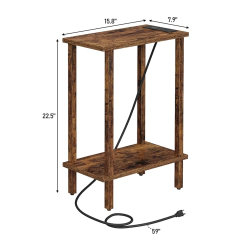 TUTOTAK Small End Table with Charging Station, Narrow Side Table with USB Ports and Outlets, Skinny Sofa Table, Slim Nightstand, Living Room, Bed Room, Pure Brown TB01BB060C - color: Pure Brown, size: 2-tier