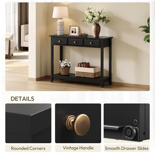 Yaheetech Console Table with 3 Drawers, Wood Entryway Table with Storage Shelf, Sofa Tables Narrow Long for Living Room, Entryway, Hallway, Foyer, Black - color: Black