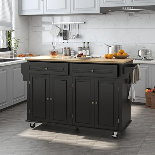 Squireewo 59" Kitchen Cart with Wood Top and Drop Leaf Breakfast Bar, Rolling Mobile Kitchen Island Table on Wheels with Drawer and Storage Cabinet, Spice Rack, Towel Rack, Black - size: 59"W