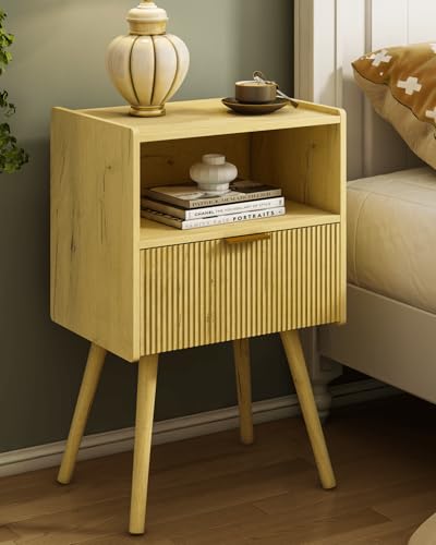 JOONEE Nightstand,Modern Bedside Table with Storage Drawer and Open Wood Shelf, for Living Room, Bedroom and Small Spaces, Accent Night Stand with Solid Wood Legs, Easy Assembly,Vintage Yellow Oak - color: Vintage Yellow Oak