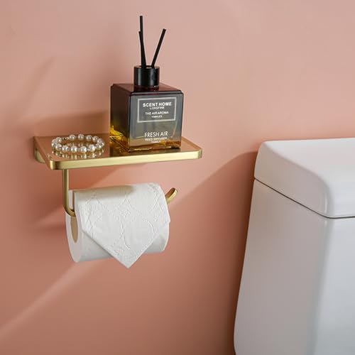 RANDOM Brushed Gold Toilet Paper Holder with Shelf Wall Mount Toilet Paper Roll Holder Solid Metal Toilet Tissue Holder Gold.RD93008BG - color: B-brushed Gold