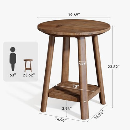 Solid Wood Side Table, 2-Tier Small Round End Table with Storage Shelf, Farmhouse Nightstand for Small Spaces, Living Room, Bedroom, Walnut