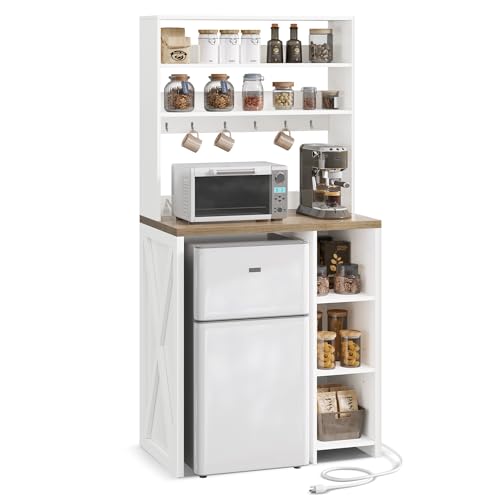 DWVO White Mini Fridge Cabinet Stand with Storage, 6-Tier Bakers Rack with Power Outlet, Kitchen Microwave Stand Farmhouse Tall Coffee Bar Station for Dining Room Living Room Dorm Office | Fits mini fridge, 6-tier storage, built-in power outlet, farmhouse