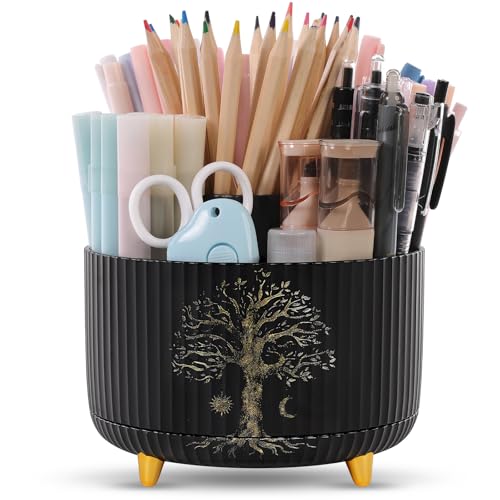SKYDUE 360 Degree Rotating Desk Organizer, Dual-Purpose Pencil Pen Holder for Desktop, Desk Pen Organizer with 5 Slots, Office Supplies, Pencil Cup for Office, School, Home - color: Tree of Life