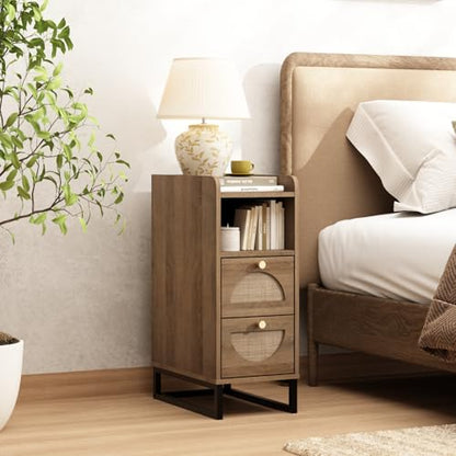Narrow Nightstand for Small Spaces - 9.3" Slim Side Table with Rattan-Weave Drawers, Skinny Bedside Table with Open Shelf, Rustic Tall Thin Gap Filler for Bedroom & Sofa Side, Caramel Oak - color: Caramel Oak