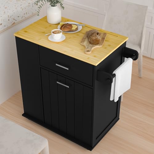 HQZX Rolling Kitchen Island with Trash Can Storage, Portable Kitchen Island on Wheels with Towel Rack & Spice Rack, Tilt Out Trash Can Cabinet with Drawer, Mobile Island Cart (Black) - color: Black