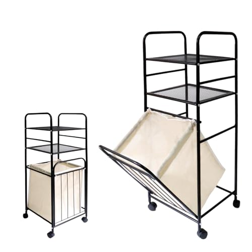 Rolling Storage Cart with Laundry Hamper, 3-Tier Rolling Utility Cart, Removable Laundry Basket - Metal Storage Organizer with Lockable Wheels for Bathroom - 80L, 14.4" x 13.8" x 39.7"