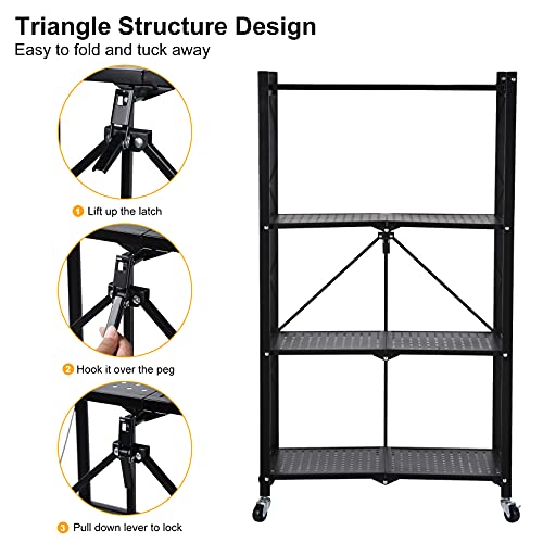 4-Tier Heavy Duty Foldable Metal Rack Storage Shelving Unit with Wheels Moving Easily Organizer Shelves Great for Garage Kitchen, Black - size: 4-Tier