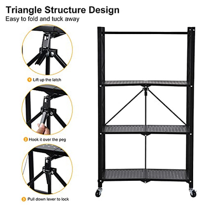 4-Tier Heavy Duty Foldable Metal Rack Storage Shelving Unit with Wheels Moving Easily Organizer Shelves Great for Garage Kitchen, Black - size: 4-Tier