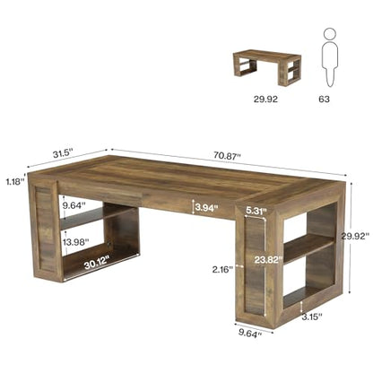 Tribesigns Farmhouse Dining Table with Storage Shelves, 70.8-Inch Large Rectangle Wooden Kitchen Dinner Table for 6 for Kitchen, Dining Room, Living Room