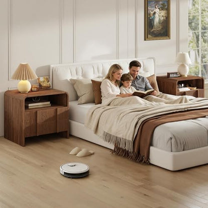 AMERLIFE Fluted Night Stand with Storage Drawers, Modern Small Nightstand & Bedside Table with Open Shelf, Curved Profile Design & Pine Handles, Wood End Table for Bedroom, Walnut - color: Walnut
