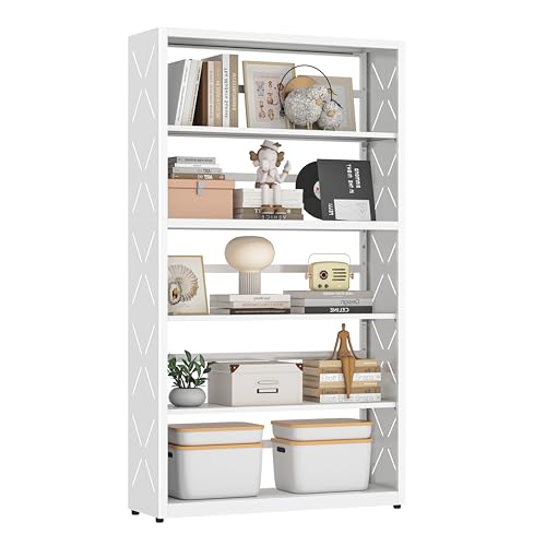 Polup Metal Bookshelf, 5 Tier Wide Bookcase with Adjustable Shelves, Tall White Book Shelf with Bookends, Large Display Shelves for Living Room, Home Office, Library - color: White, size: 5 Tier-31" W