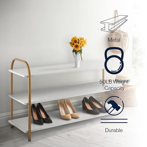 happimess SRK1001A Modern 24" 9-Pair 3-Tier Iron Curved Decker High End Table & Shoe Rack, White/Gold, for Entryway, Hallway, Closet, Doorway, Bedroom
