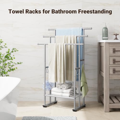 ELYKEN 3 Tier Standing Towel Rack, 40'' Tall Towel Drying Rack Outdoor, Freestanding Floor Towel Rack with Shelf, Pool Towel Blanket Stand, Metal Towel Racks for Bathroom freestanding, Smooth Silver - color: Silver