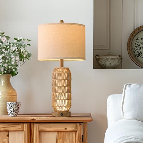 OYEARS 25" Table Lamps Set of 2 with Night Light,Bedside Lamps for Bedroom,Boho Lamps with USB C+A Charging Ports,Farmhouse Table Lamp with Rattan,Frosted Glass,Linen Shade (Wood Grain,Bulb Included) - color: Wood-Grain