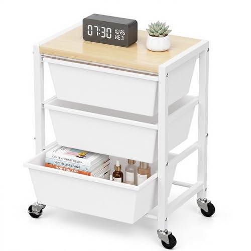 Rolling Cart with 3 Drawers, Plastic Drawer Storage Carts with Lockable Wheels & Wooden Tabletop, Metal Art Craft Utility Cart Organizer for Home Office Bedroom Dorm Bedside Classroom, Bright White - color: Bright White