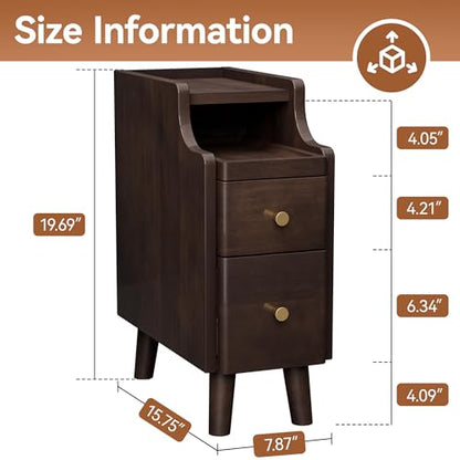 Narrow Nightstand with Drawers Set 2, Pre-Assembled Solid Wood Small Skinny Night Stand with Open Sliding Shelf Slim Bedside Table for Bedroom, Slim Side Table 2, Black Walnut, 8" - color: Black Walnut-2pack, size: 8"