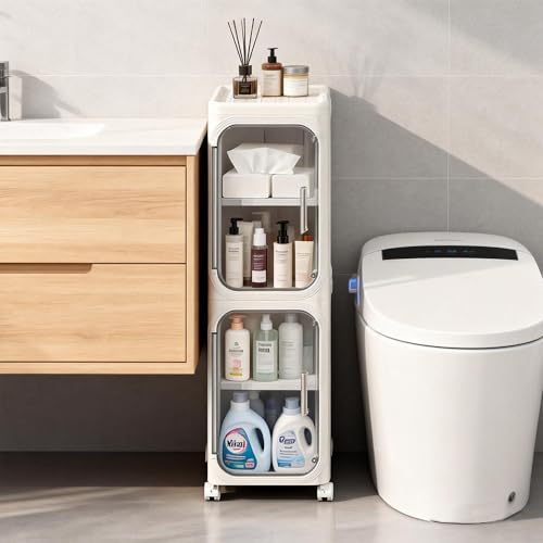 2-Tier Narrow Storage Cabinet Slim Bathroom Skinny Organizer with Wheels | Slim Storage Cabinet with lockable rolling wheels adjustable detachable shelves snap assembly for small spaces,Snow white - color: Snow White, size: 2-tier