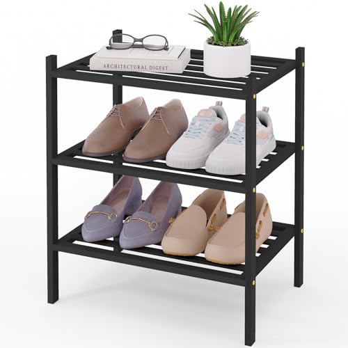 Smiry Small Bamboo Shoe Rack, 3 Tier Free Standing Wooden Shoe Organizer, Stackable Wood Shoe Storage Shelf for Closet, Entryway, 5 Horizontal Slats, 17.3"x11"x18.3", Black - color: Black, size: 3 Tier - 17.3" Wide