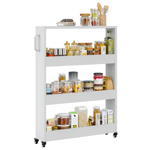 Slim Storage Cart, Lightweight 4 Tier Metal Rolling Utility Kitchen Cart on Wheels, Mobile Storage Shelving Unit Organizer for Bathroom Laundry Office Narrow Places (4 Tier-White, 6" D) - color: 4 Tier-white, size: 6"D