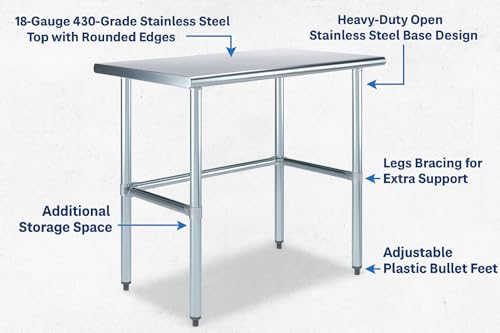 24" x 36" Open Base Stainless Steel Work Table – NSF Certified Compact Commercial Utility Table with Galvanized Legs for Kitchens, Labs & Food Trucks - size: 36"x24"