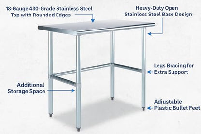 24" x 36" Open Base Stainless Steel Work Table – NSF Certified Compact Commercial Utility Table with Galvanized Legs for Kitchens, Labs & Food Trucks - size: 36"x24"